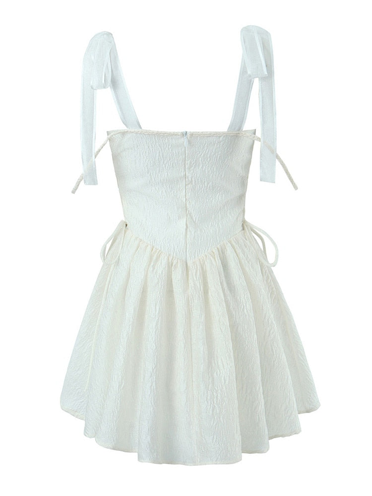 maoxiangshop White Strap Dress Spring Summer New Sexy Holiday Fashion Slim Waist Hollow Tie Short Mini Dress For Women