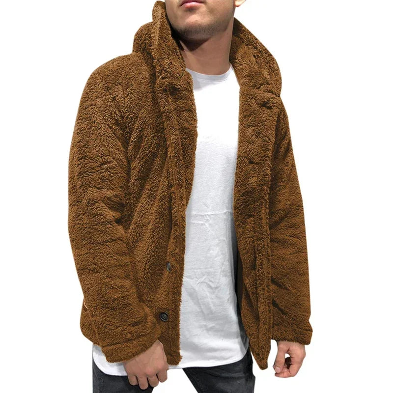 maoxiangshop Men's Teddy Bear Fleece Coat Cardigan Winter Warm Hooded Coat Fashion Solid Color Long Sleeve Pocket Button Hooded Warm Coat
