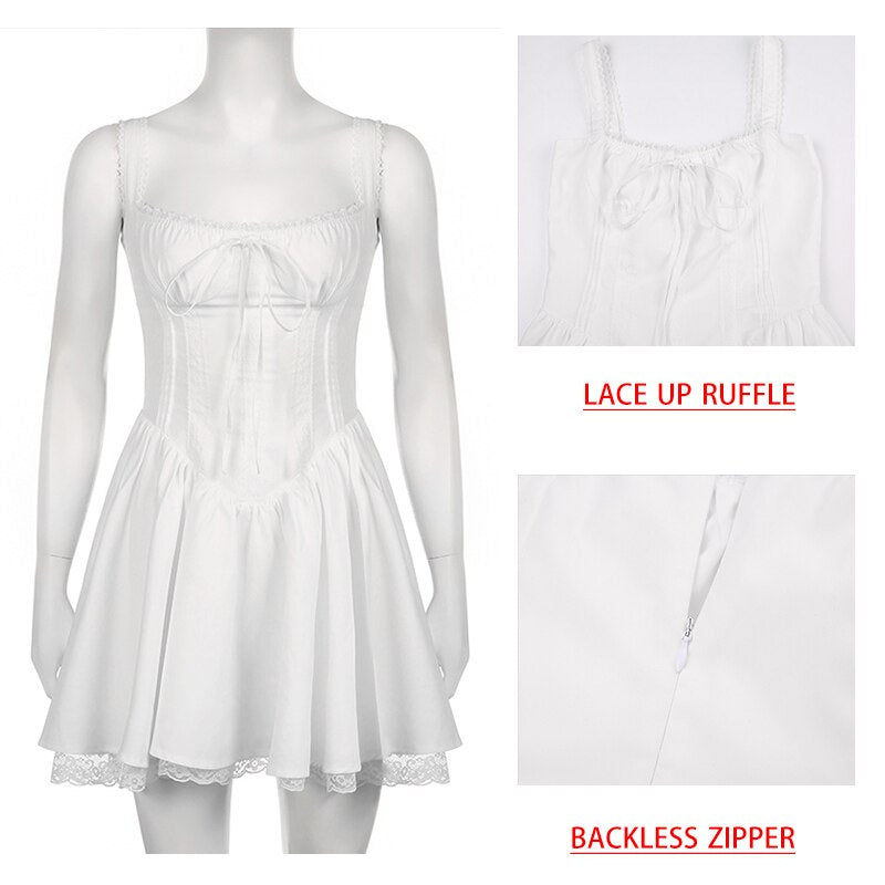 maoxiangshop Lace Up Ruffle Backless Sexy Dresses For Women Elegant Evening Party Dress Bodycon Mini Summer Dress Vestidos