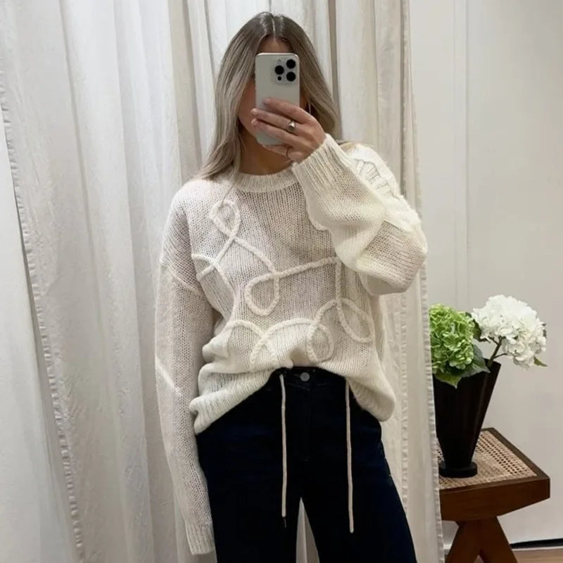 maoxiangshop - Fashion Casual Pullovers For Women Solid Color Round Neck Long Sleeve Knitted Sweater Loose Female 2024 Autunn Winter New