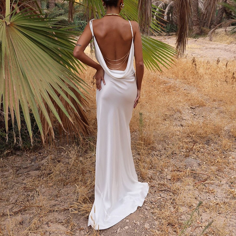 maoxiangshop Elegant Backless Chain Strap Slip Maxi Party Dresses Women Summer Sexy Slim Holiday Dress Ladies Casual High Street Clubwear