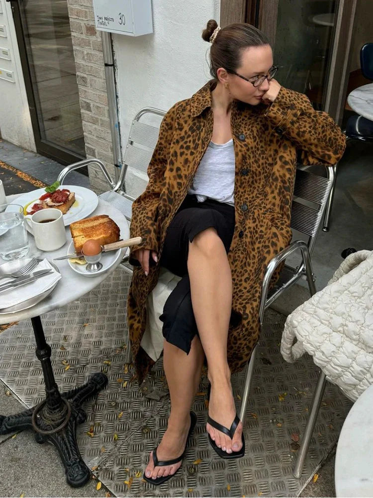 maoxiangshop - 2024 Autumn Leopard Print Women Oversize Trench Long Sleeve Single Breasted Long Loose Jacket Female Y2K Coat Streetwear