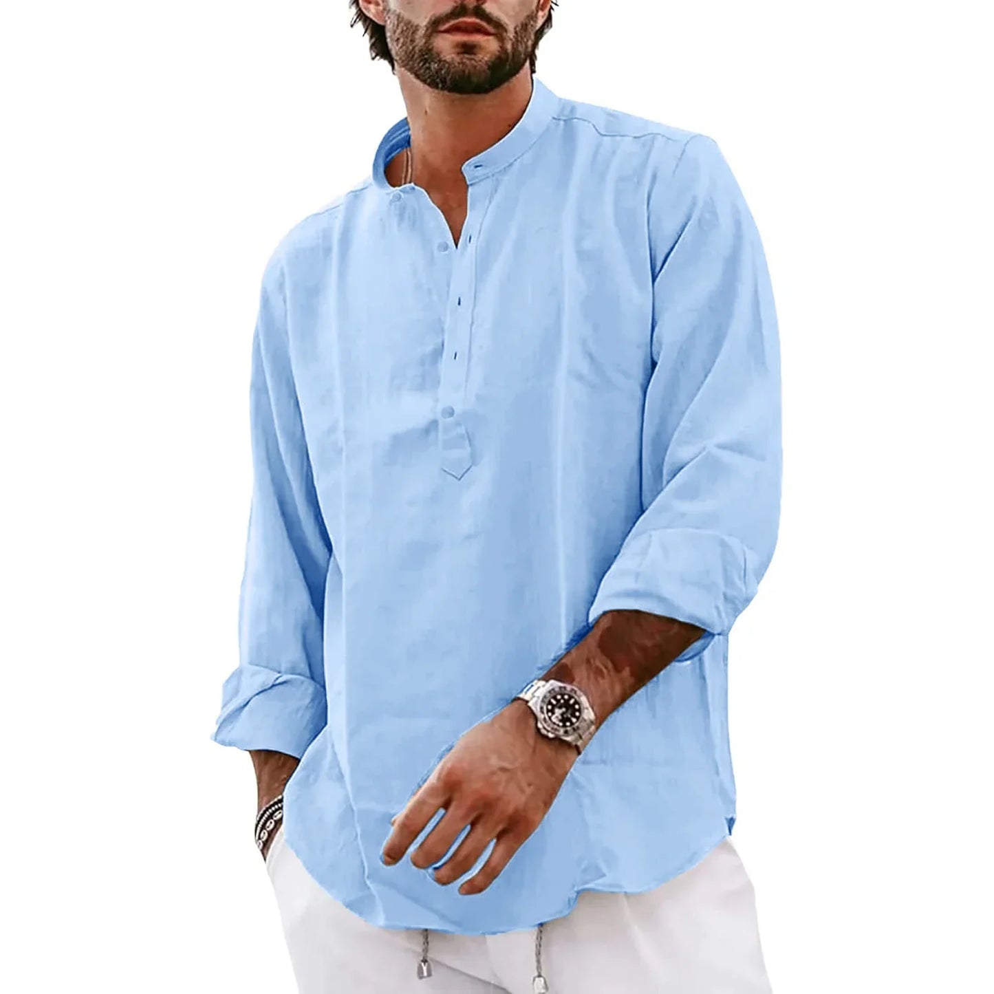 maoxiangshop Streetwear Mens Cotton Linen Shirts Casual Lightweight Long Sleeve Henley Shirts for Men Beach Hawaiian Breathable T Shirts