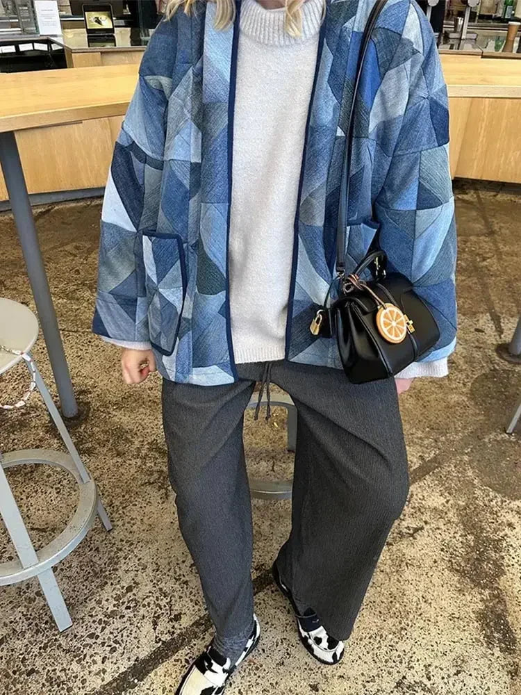 maoxiangshop - Chic Women Denim Patchwork Loose Cardigan Casual V Neck Long Sleeve Pocket Coat Autumn Lady Commuting Jacket High Street Outwear