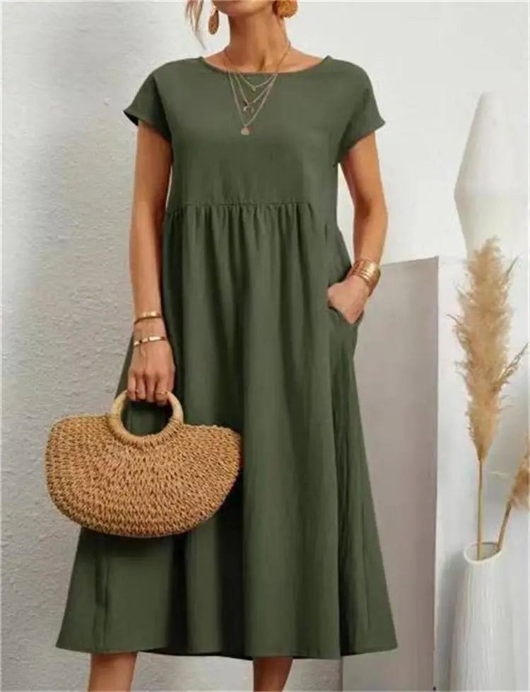 maoxiangshop Women's Elegant Solid Color Dress Summer Short Sleeve O-Neck Vintage Harajuku Cotton Linen Comfortable Loose Pocket Long Dress