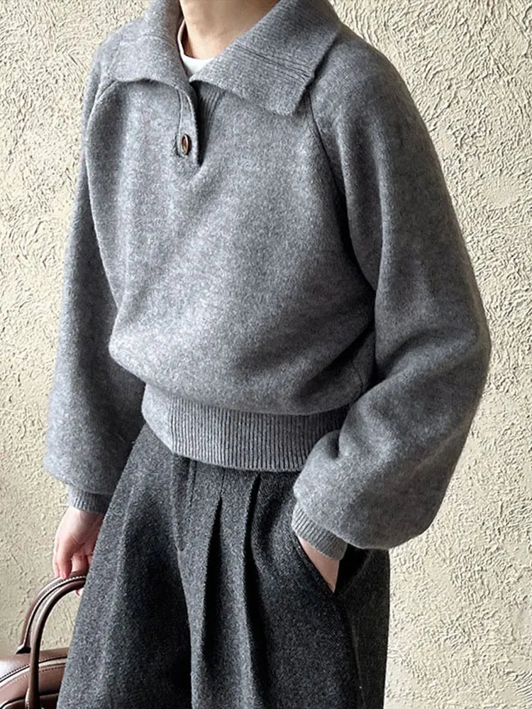maoxiangshop - Casual Solid Knitted Lapel Sweaters Women Vintage Loose Button Long Sleeve Pullover Sweater Female Autumn Elegant Chic Base Tops