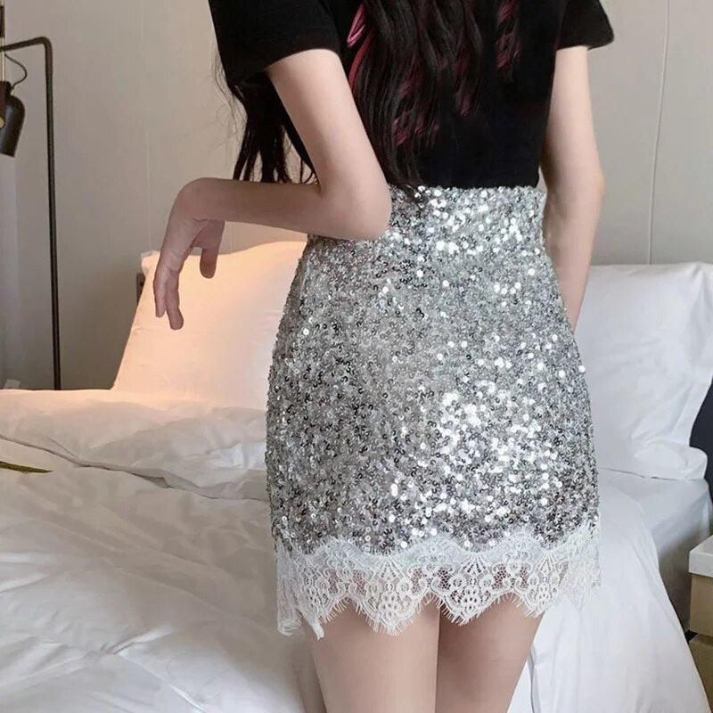 maoxiangshop Sexy Silver Sequin Skirt Woman Lace Patchwork High Waist Mini Skirts for Women Shiny Party Night Club Dance Skirt Ladies