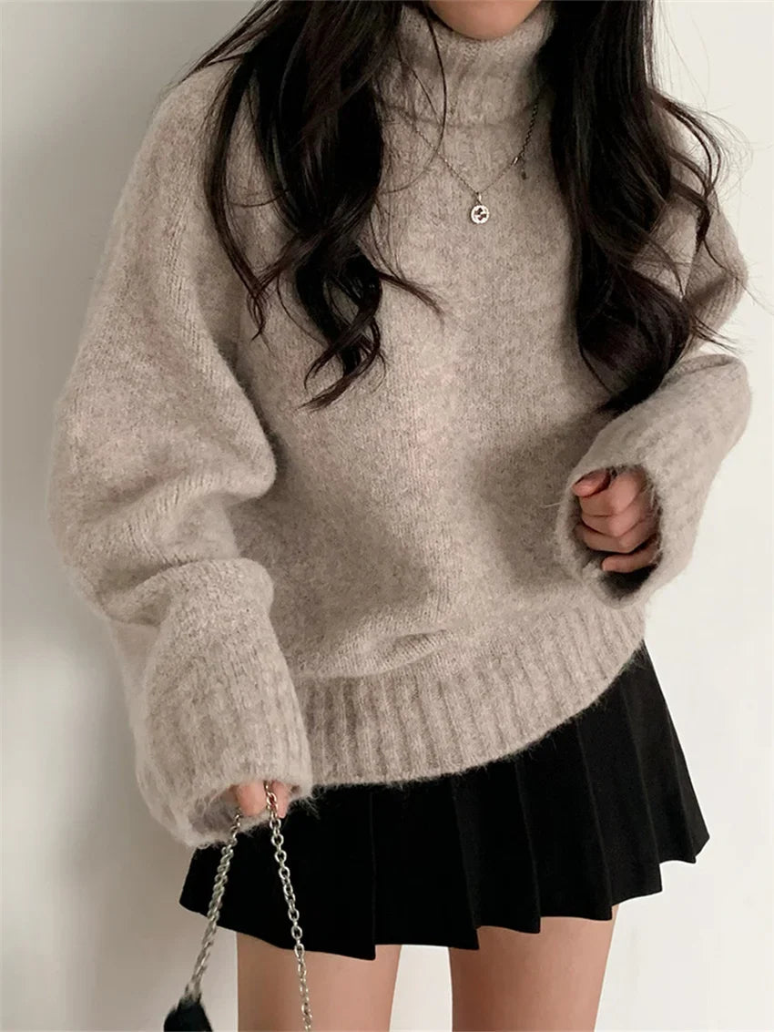 maoxiangshop - Elegant Sweaters Soft Loose Women Chic Knitted Winter 2025 Casual All Match Pullovers Warm Daily Turtleneck