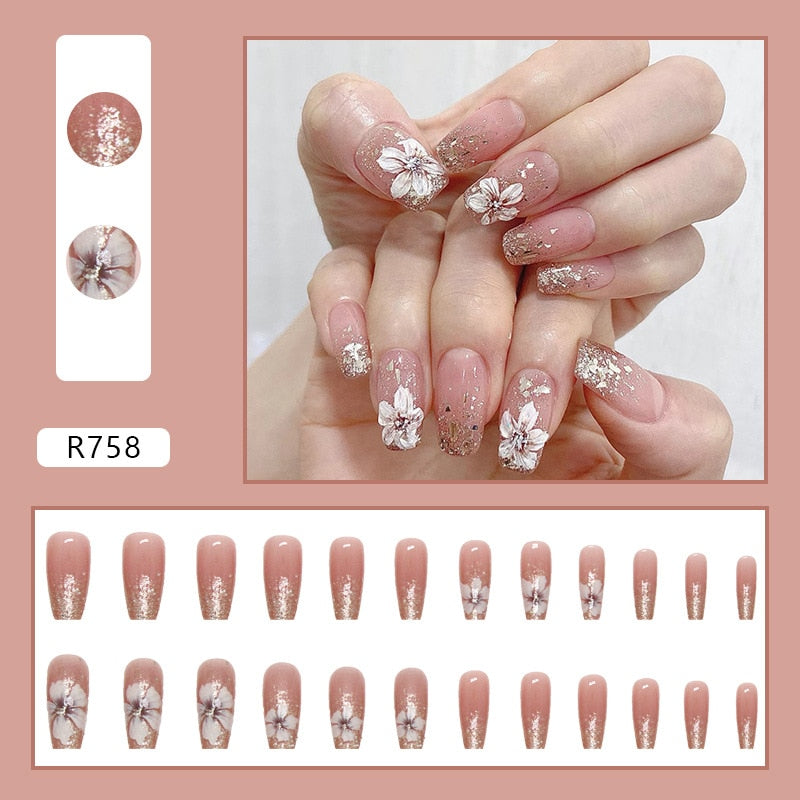 24pcs/box Fake Nails Press on Short Reusable with Designs Set French Artificial Pink kawaii False Tipsy Stick-on Nails Tips Art