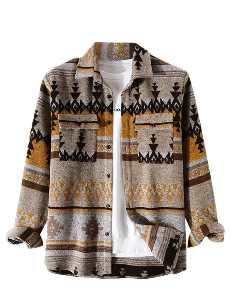 maoxiangshop Men's Shirts Tribal Geometric Pattern Blend Wool Long Sleeve Warm Shirt Coat Vintage Clothes Shacket Autumn Winter Blouse