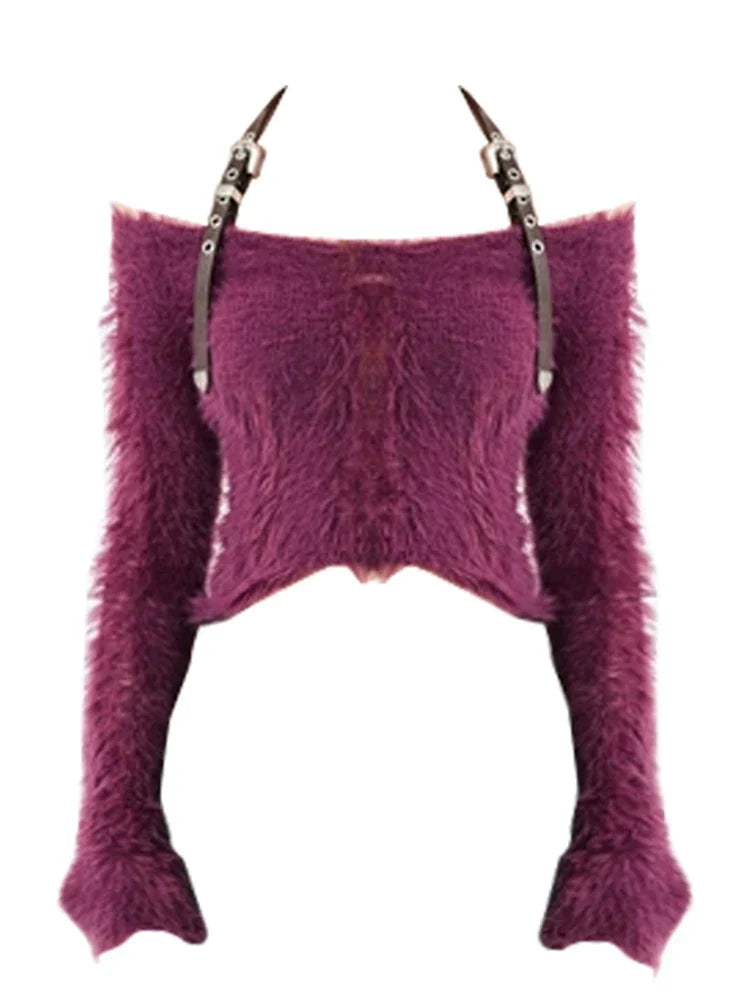 maoxiangshop1 Fall Woman 2000s Gyaru Coquette Halter Crop Top Pullovers Slash Neck Jumper Fluffy Sweater Design Knitwears Y2K Hot Sexy Kawaii