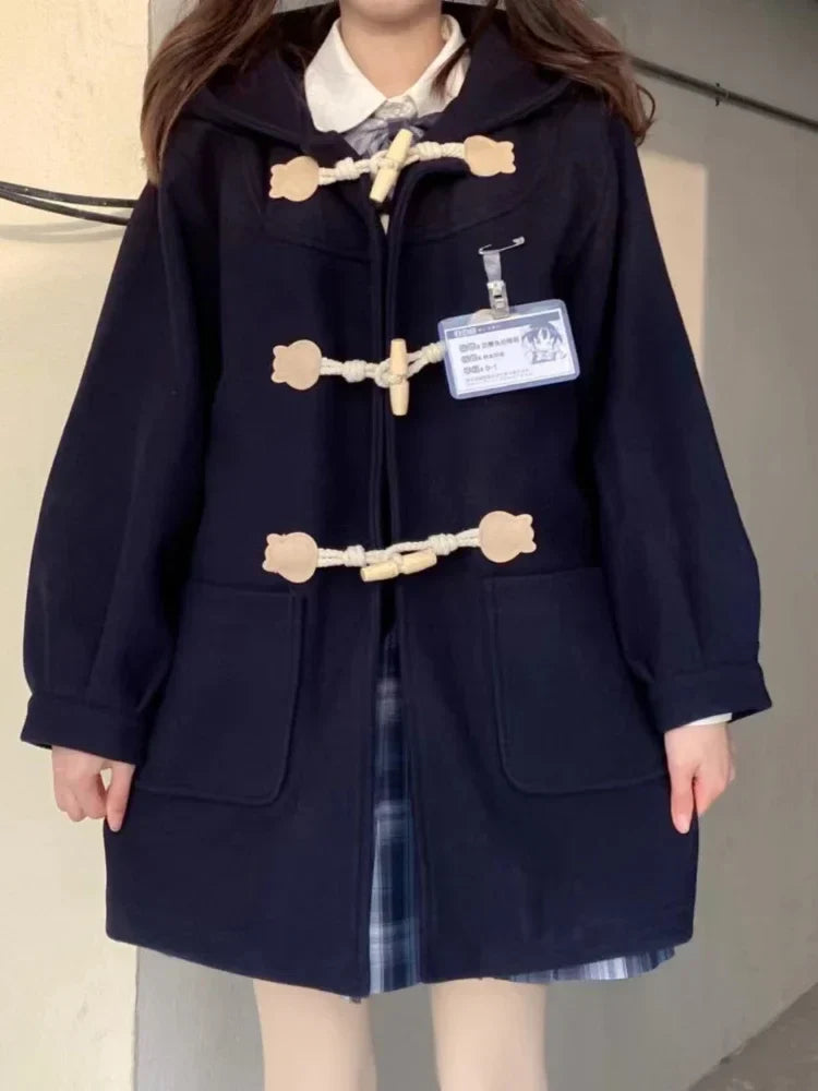 Purple Solid Warm Wool Blends Long Hooded Coat Straight Women Horn Button Casual Female Warmness Outwear