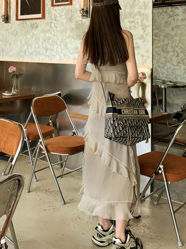 maoxiangshop Dresses Women Ruffles Design Daily Pure Sexy Spaghetti Strap Elegant Casual Korean Style Retro Summer Ladies Midi Vestidos Chic