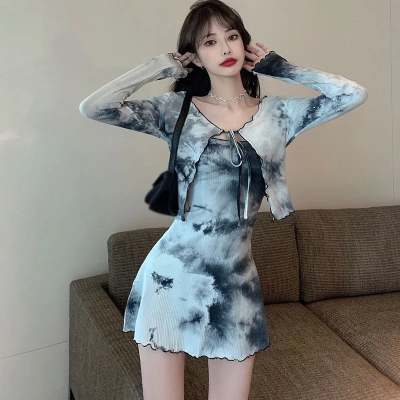 maoxiangshop-2pcs Set Autumn Tie-dye Design Sense Tube Top Dress Women Fashion Cardigan Top Two-piece Suit