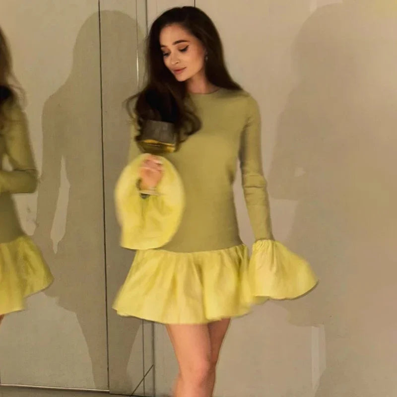 maoxiangshop - Knitted Mini Dress Female Long Sleeves Gown Flare Sleeves Spliced Autumn Winter Dress A-Line Sweet Bodycon Women Clothes