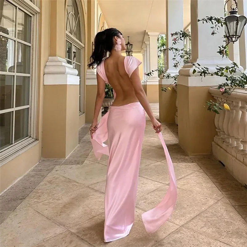 maoxiangshop - Sexy Backless Slip Long Dress For Women Elgant Draped Gown Clothes Bandage Sleeveless Slim Solid Color Dresses Autumn New