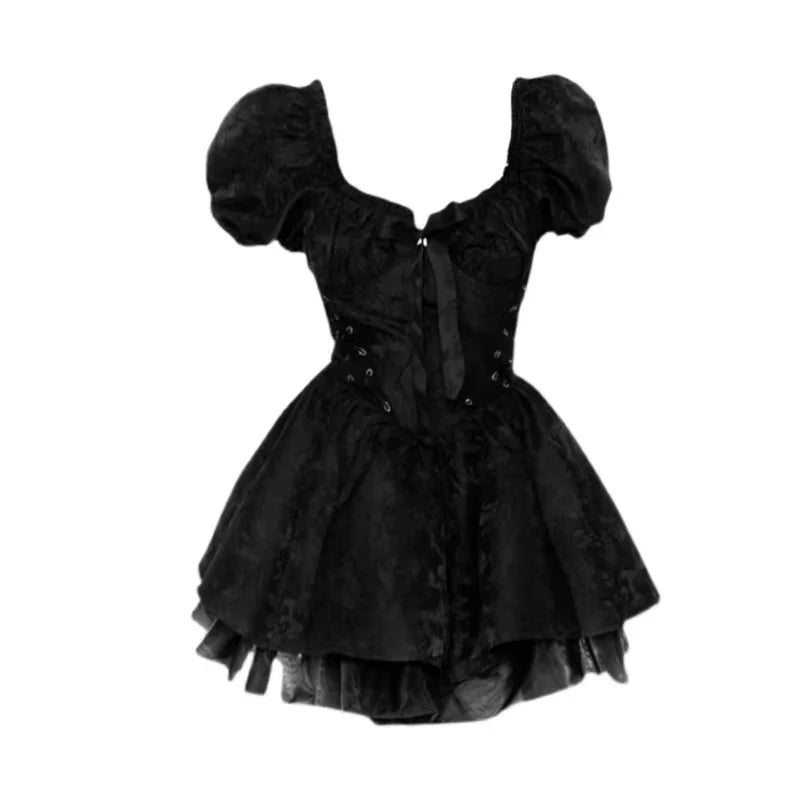 Gothic Black Mini Dress Women Vintage Sexy Spaghetti Strap High Waist Dresses 90s Egirl Punk Grunge Slim Party Club Dress Women