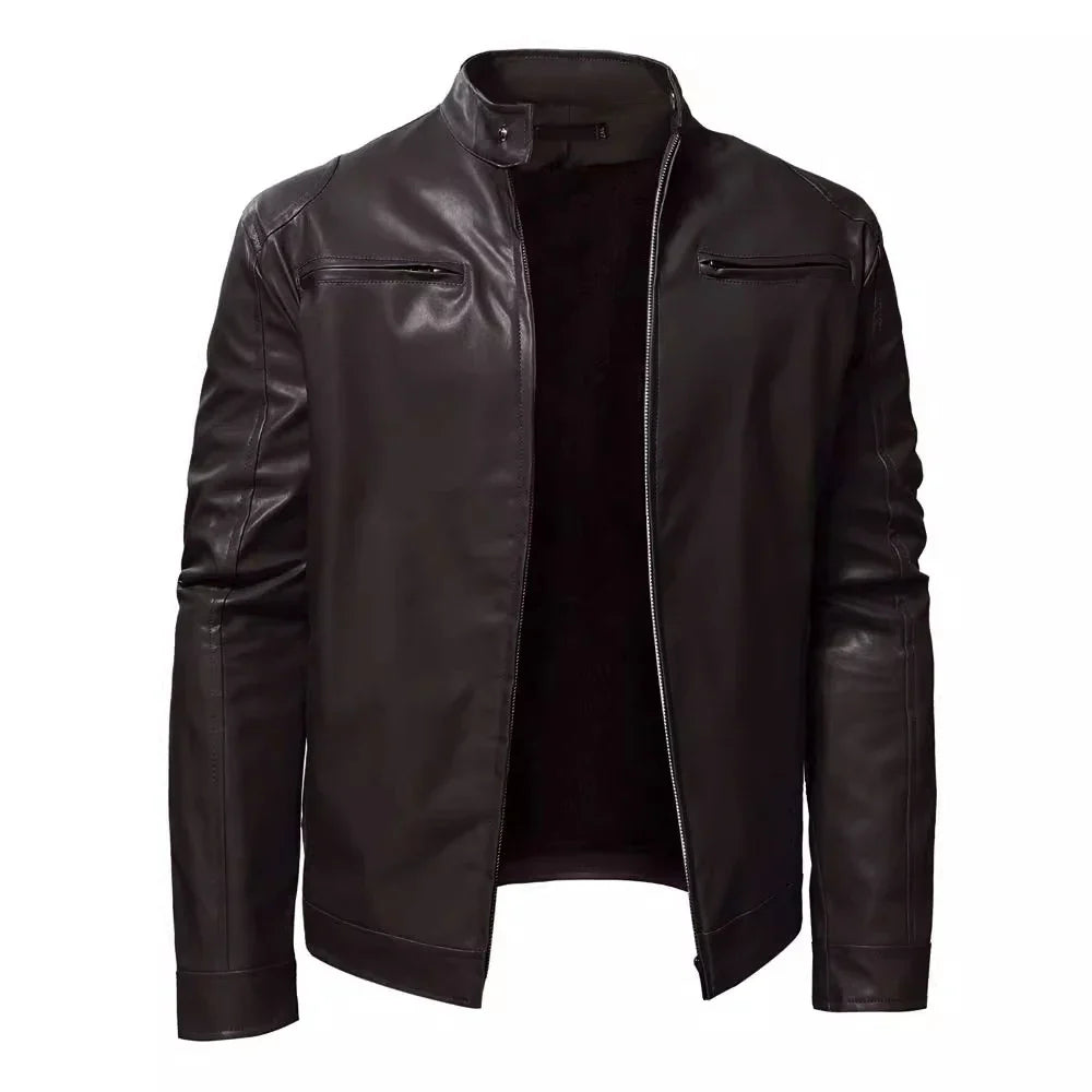maoxiangshop Autumn Mens Stand Collar Jacket Coat Black Leather Motorcycle Jacket Solid Color Zipper Streetwear Winter Warm Biker Jacket Men