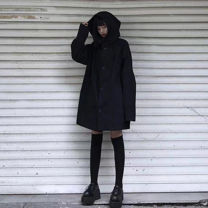 Harajuku Black Jacket Women Dark Academic Long Sleeve Loose Hooded Midi Outwear Bf Streetwear Oversized Casual Capes Coats