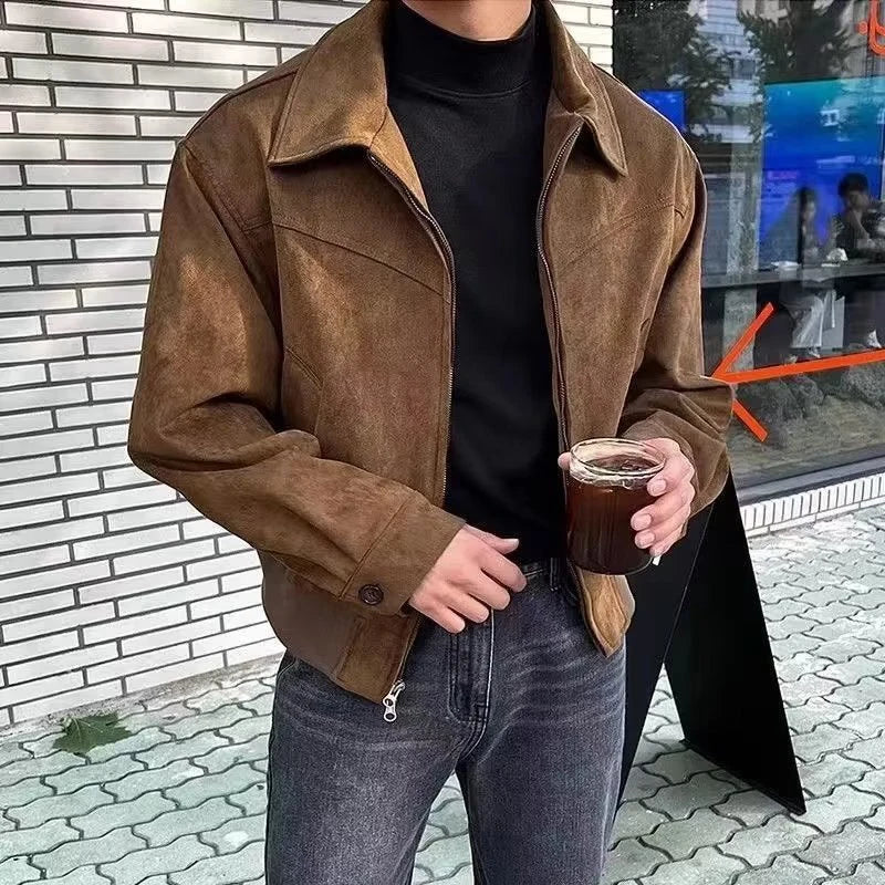 maoxiangshop Elegant Solid Brown Coat Men Spring Autumn High-End Loose Lapel New Zipper Short Jacket Vintage Streetwear Bomber Jacket