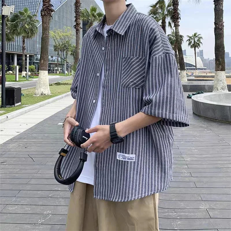 maoxiangshop New Men's Short Sleeve Casual Shirt British Style Casual Striped Plaid Appliques Shirts Comfortable Button Male Business Shirts