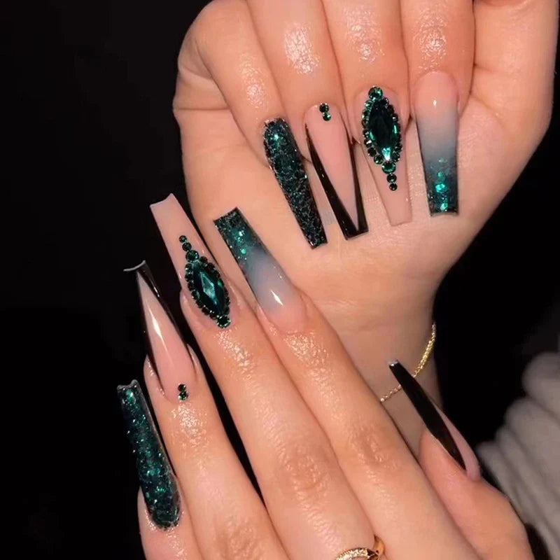 maoxiangshop 24pcs Long Coffin Purple False Nails Ballet Simple Glitter with Glue French Design Wearable Fake Nails Artificial Nail Tips
