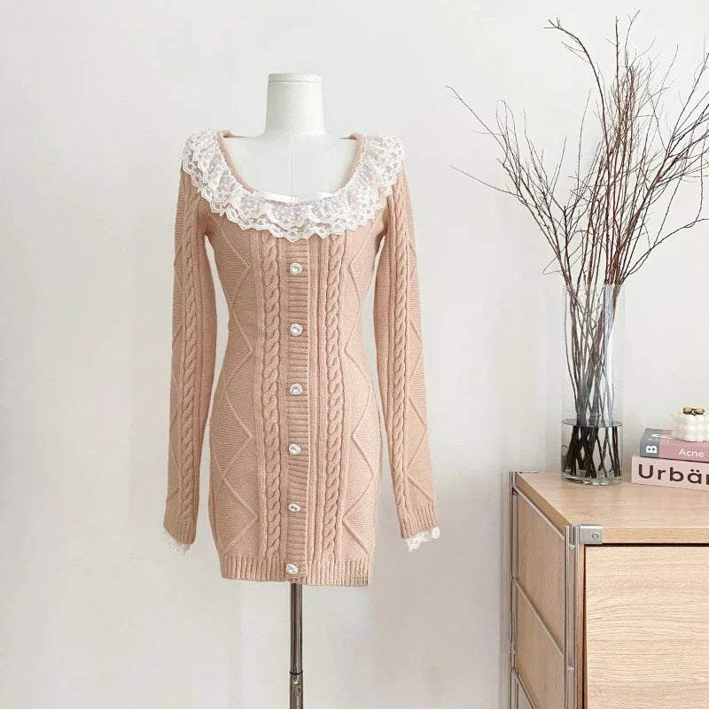 maoxiangshop Autumn Elegant Slim Knitting Lace Dress Women Sexy Bodycon Y2k Mini Dress Casual Short Party Korean Fashion Dress Design