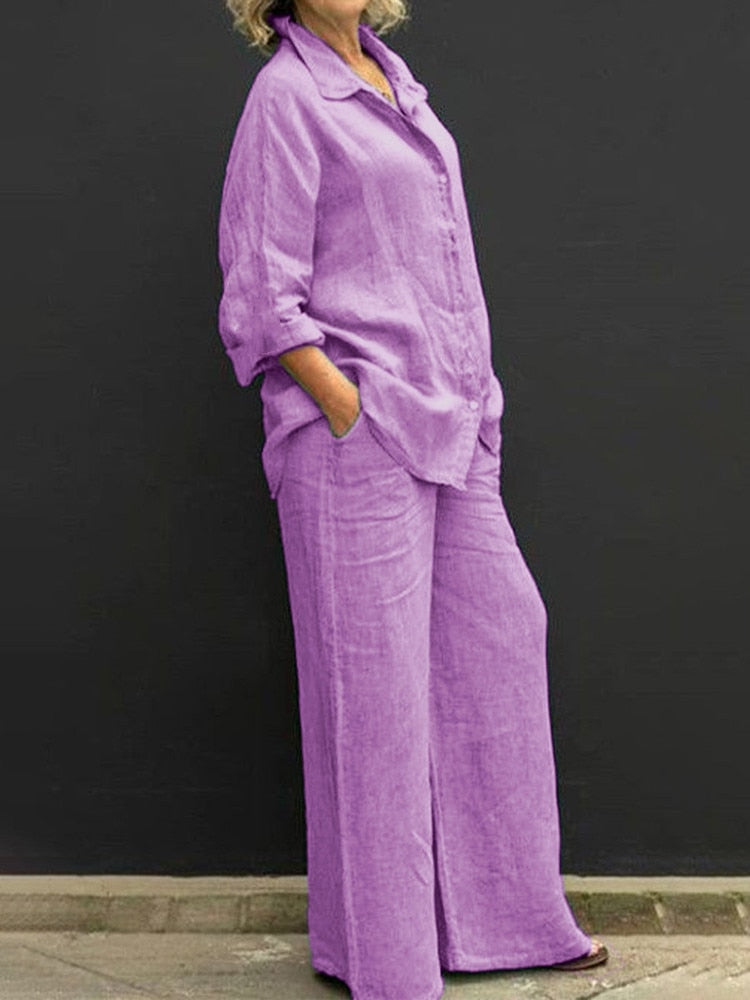 maoxiangshopWomen Cotton Linen Suits Elegant Solid Long Sleeve Shirt Wide Leg Trousers Two Piece Set Female Casual Straight Pants Suits