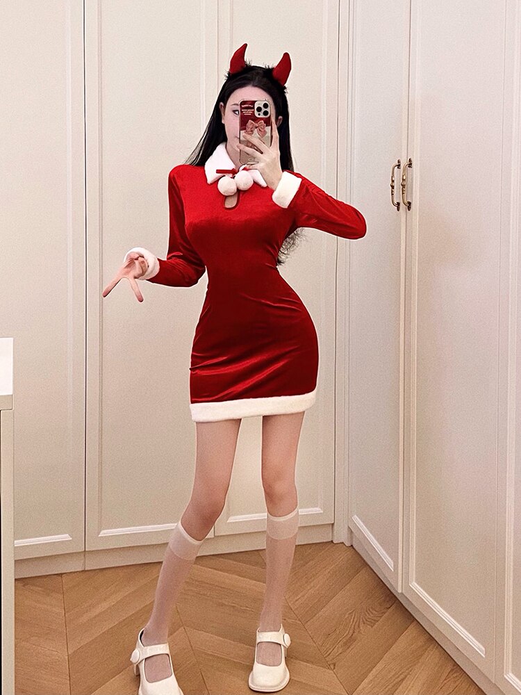 maoxiangshop Red Christmas Sexy Party Mini Dress Women Bodycon Elegant Korean Style Dress Female Long Sleeve Casual Dresses New Year Christmas