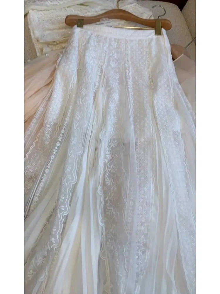 maoxiangshop - High end Lace Edge Embroidered White Skirt Spring and Autumn New Korean Fashion Sweet High Waist Loose Slim A-line Long Skirts