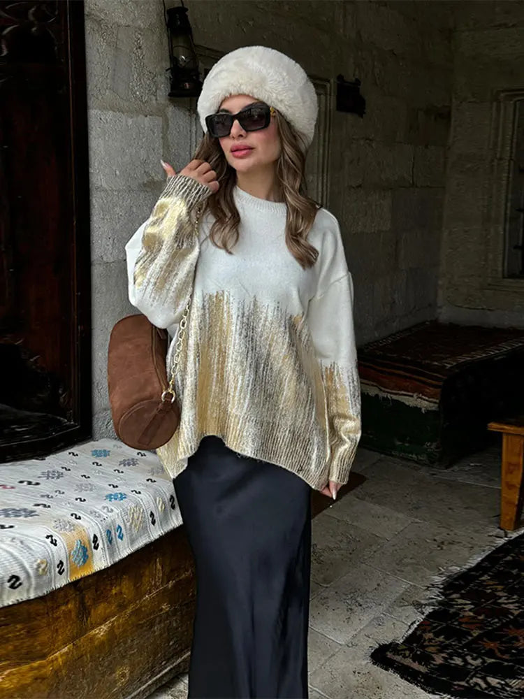 maoxiangshop - Loose Tie Dyed Shiny Metallic Sweater Women Round Neck Long Sleeve Knit Pullover 2024 Spring Autumn Fashion Lady Street Jumper