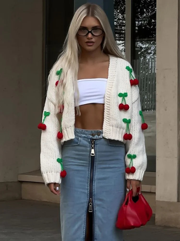 maoxiangshop - Sweet 3d Cherry Embroidery Cropped Knitted Cardigan 2024 Autumn Women Elegant Long Sleeve Short Sweater Female Chic Streetwear