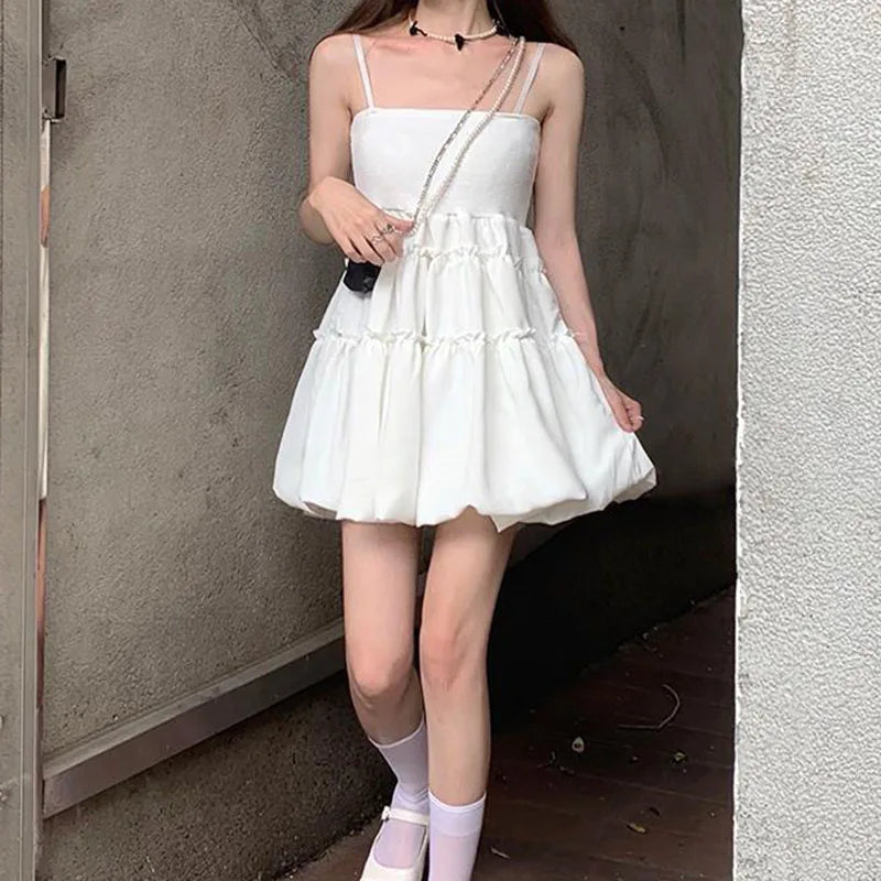 maoxiangshop Fashion All-Match Fluffy Dress Women Korean Waist-Tight Spaghetti Strap Agaric Edge Black Dresses Woman Summer Prom Gown