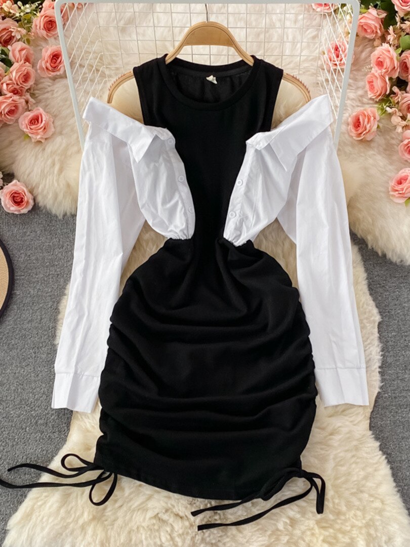 maoxiangshop Off Shoulder Shirt Patchwork Bodycon Mini Dress Women Fashion Streetwear O-neck Long Sleeve Slim Drawstring Ruched Party Dresses