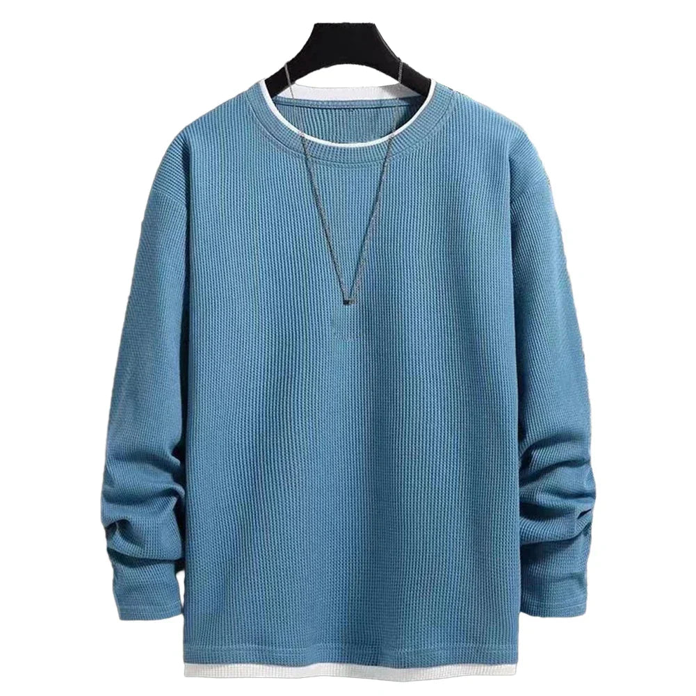 maoxiangshop Autumn Men's Round Neck T-Shirts Fashion Fake-two Pieces Street Long Sleeve T-shirt Sports Athletic Pullover Blouse Tops For Man