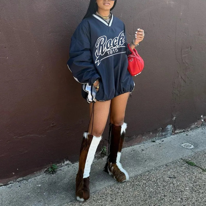 maoxiangshop - 2024 Autumn Letter Print Loose Casual Oversized Sweatshirts V-neck Long Sleeve Drawstring Casual Tops Harajuku Streetwear Outfit