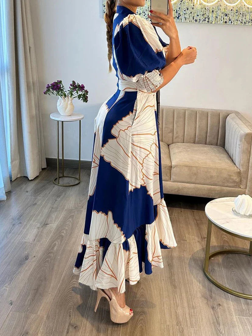maoxiangshop Women Floral Print Long Dress Summer Casual Turn-down Collar Half Sleeve Loose Big Swing Dress Female Vintage Beach Maxi Dress