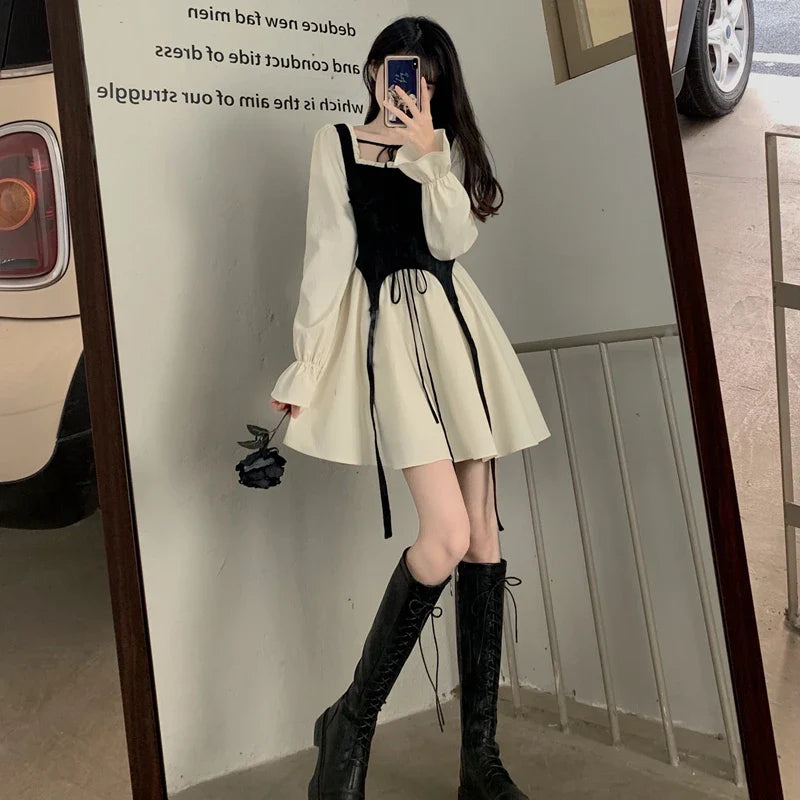maoxiangshop Spring Autumn Vintage Patchwork Y2k Sweet Kawaii Party Dresses for Women Casual Lace Up Bow Harajuku Long Sleeve Club Mini Dress