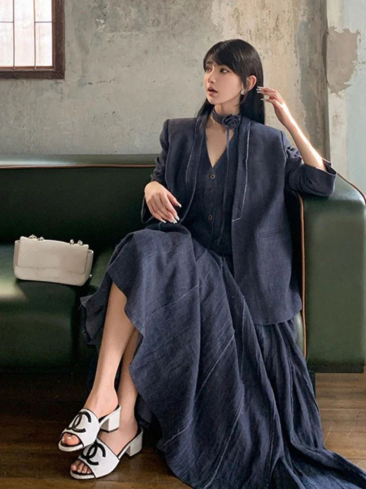 maoxiangshop - Autumn Winter Streetwear Small Fragrance 3 Piece For Women Jacket Coat Sleeveless Vest High Waist Pleated Skirt Long Skirts