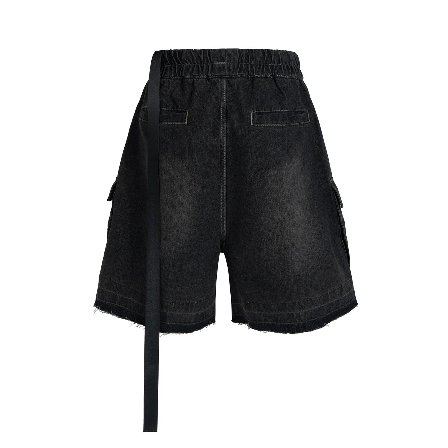maoxiangshop Style Ribbons Streetwear Multi-pockets Cargo Short for Men Elastic Waist Wide Leg Baggy Jeans Knee Length Pants Loose Overall