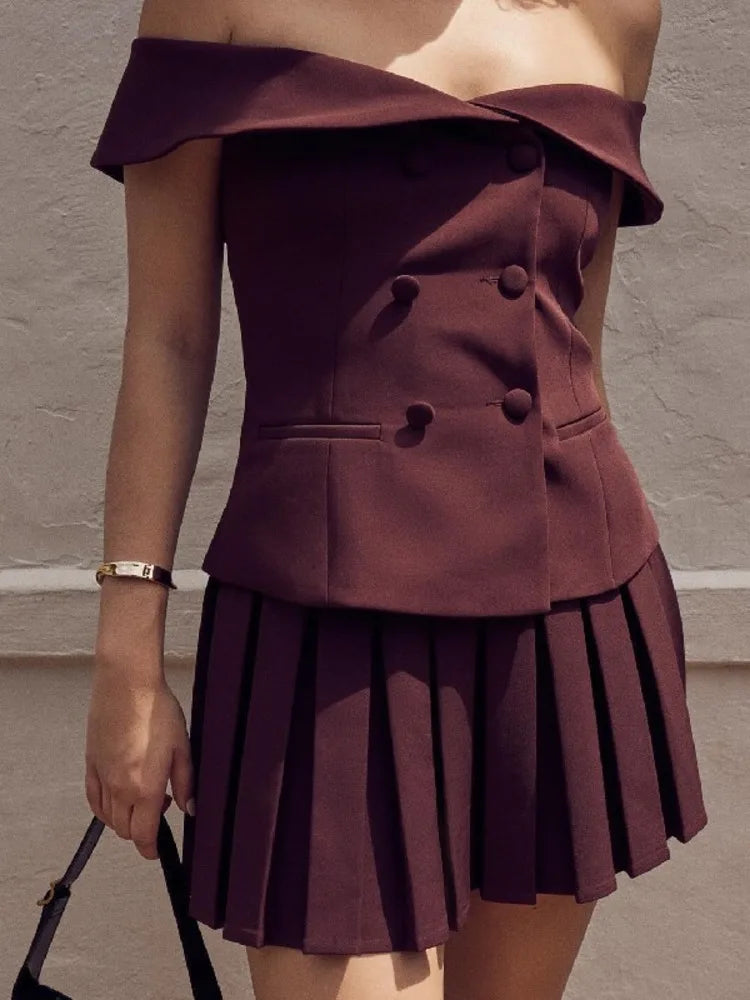 maoxiangshop- Sexy Skirt Two Piece Set Women Off-shoulder Tops And Pleated Mini Skirt Matching Sets Femme Fashion Two Piece Set