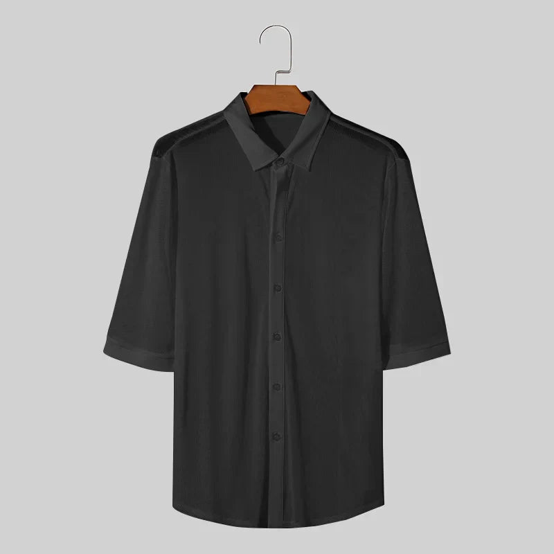 maoxiangshop 2024 Men's Shirt Lapel Half Sleeve Button Solid Color Summer Casual Men Clothing Transparent Streetwear Fashion Shirts