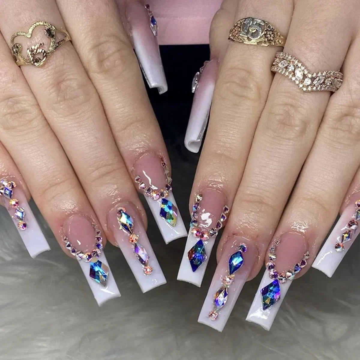maoxiangshop 24Pcs Coffin False Nails Purple Butterfly Designs Fake Nails with Shiny Rhinestone Wearable French Full Cover Press on Nails