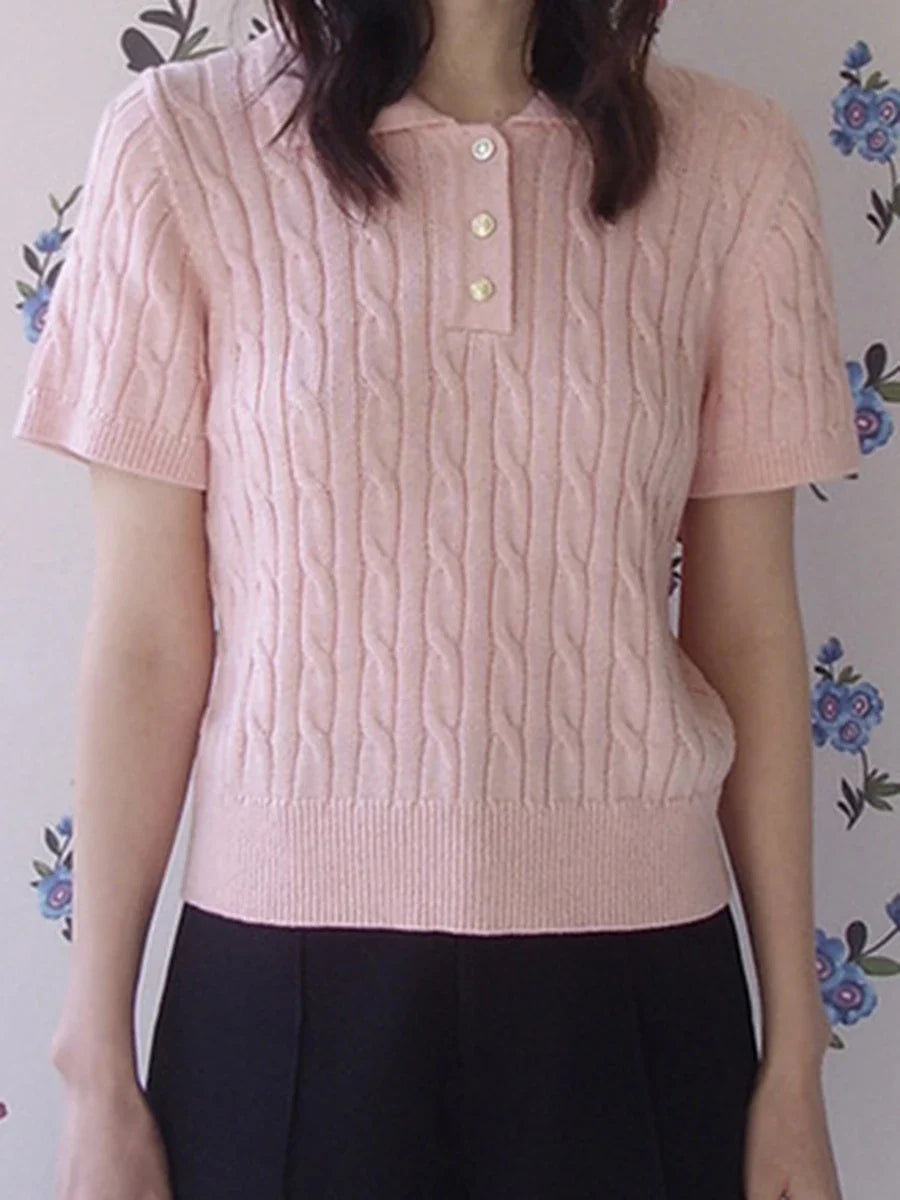 maoxiangshop - Korean Fashion Solid Knitted Short Sleeve 2024 Autumn New Women Turndown Collar Button Short T-shirt Simple Casual Slim Tops