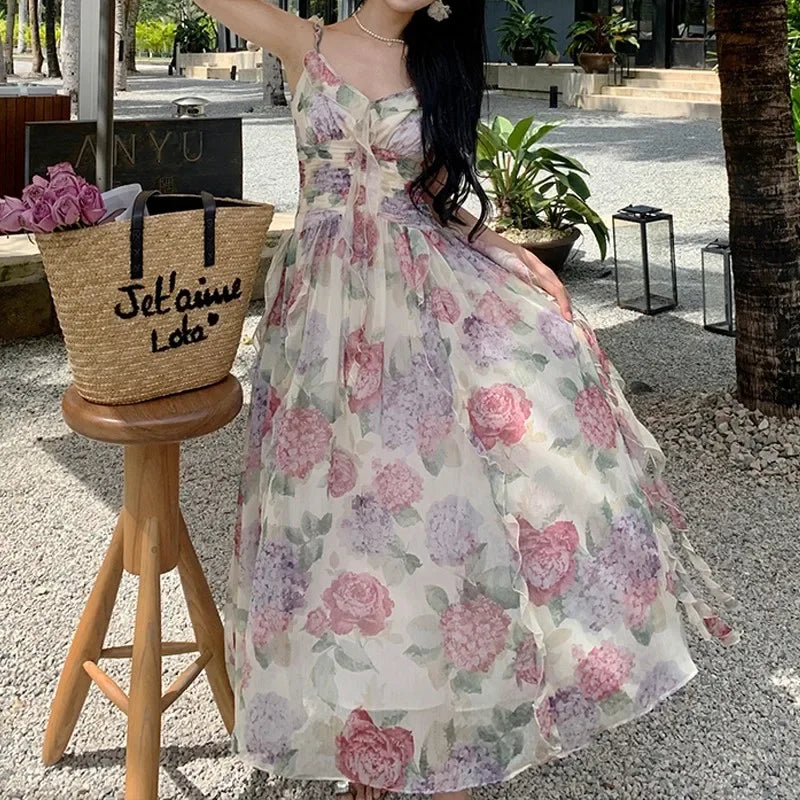 maoxiangshop Summer Chiffon Beach Maxi Dress Women Fashion Print Floral Backless Bandage Slip Dress Elegant Evening Party Fairy Dresses