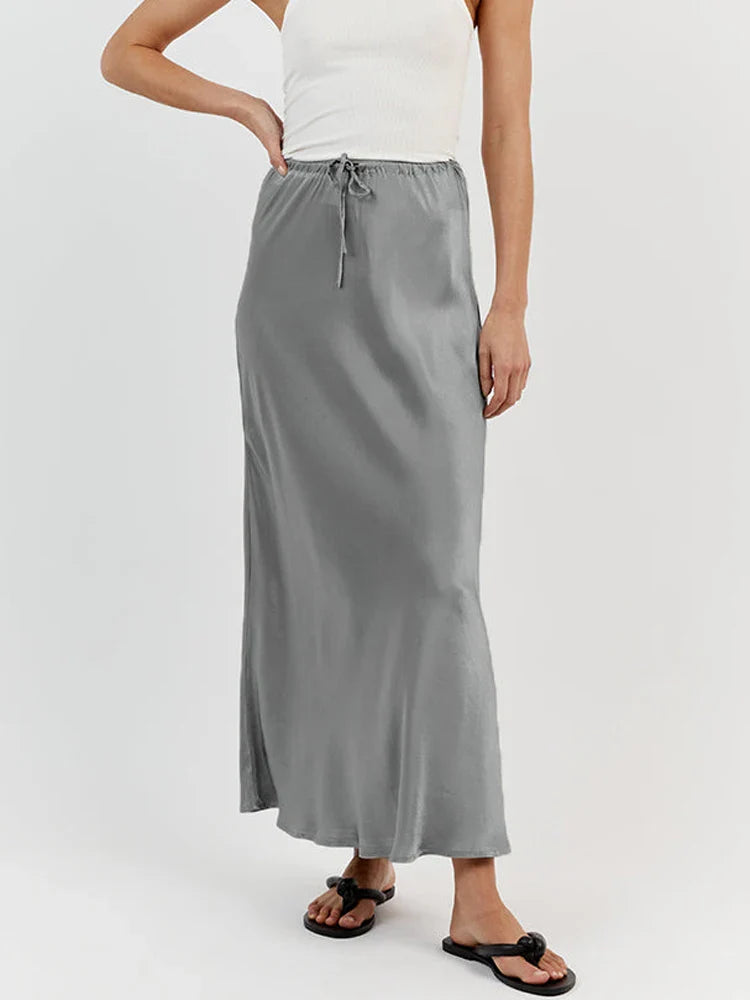 Satin Loose Lace-up Black Skirt Long For Women Casual High Waist Female Skirts Solid Elegant Street Falda Midi Mujer