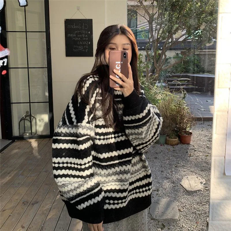 maoxiangshop Autumn Oversized Striped Knitted Sweater Women Vintage Streetwear Loose Long Sleeve Pullover Harajuku Casual O Neck Midi Jumper
