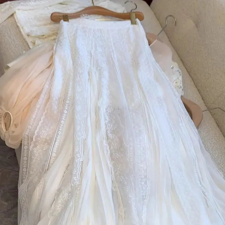 maoxiangshop - High end Lace Edge Embroidered White Skirt Spring and Autumn New Korean Fashion Sweet High Waist Loose Slim A-line Long Skirts