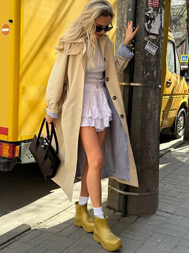 maoxiangshop - Vintage Splicing Striped Khaki Trench Women Retro Lapel Single-Breasted Long Windbreaker Lady Autumn Elegant Chic Street Outwear
