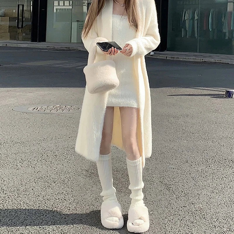 maoxiangshop Korean two piece dress elegant Knitted suit jacket mini dress for women luxury Sexy 2 piece sets white Cardigan two piece set